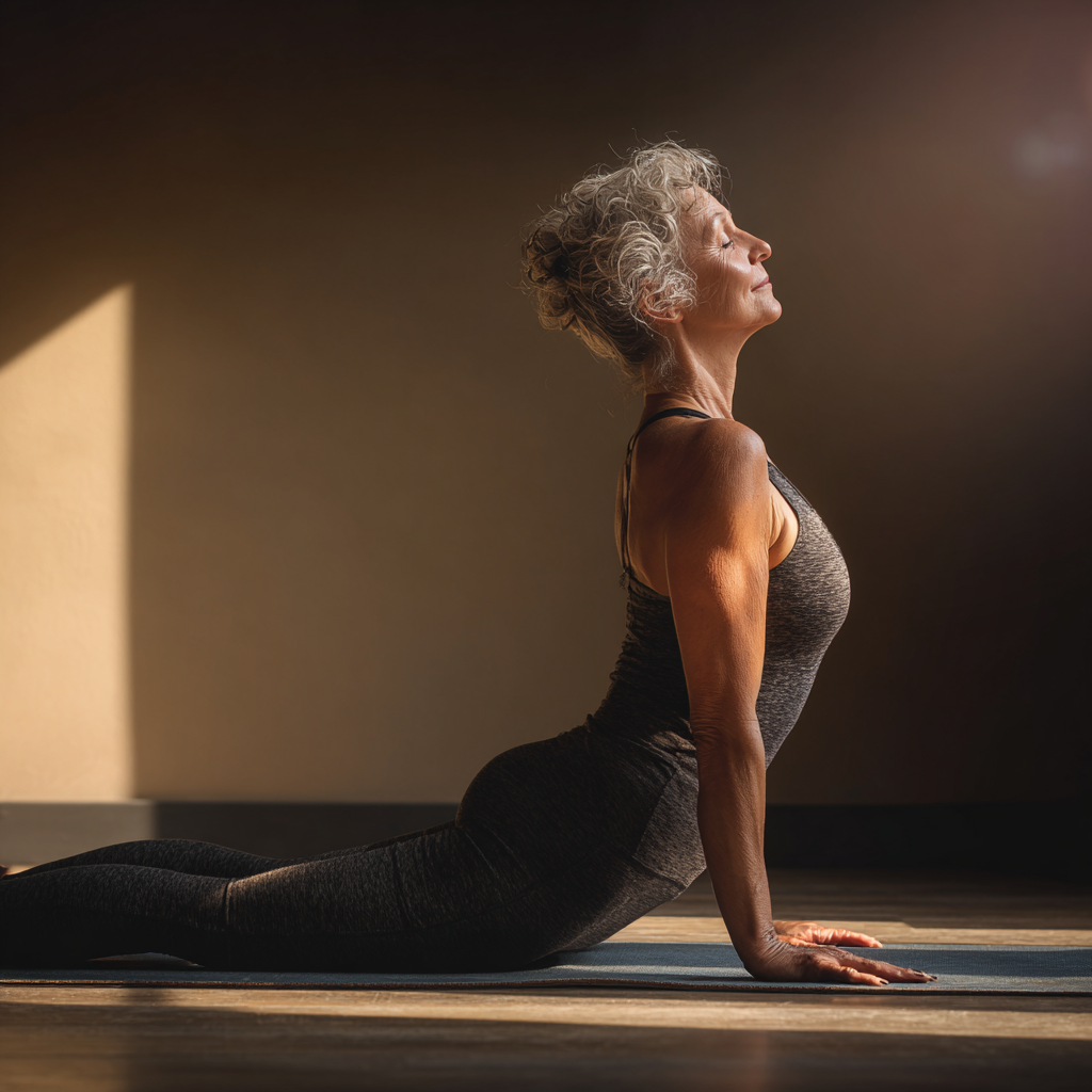 Жінка 55 років виконує асану йоги на килимку в спокійній атмосфері студії