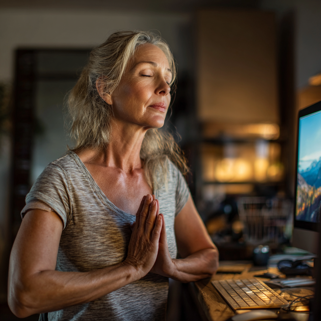 Жінка 57 років займається йогою вдома за онлайн заняттям на комп'ютері